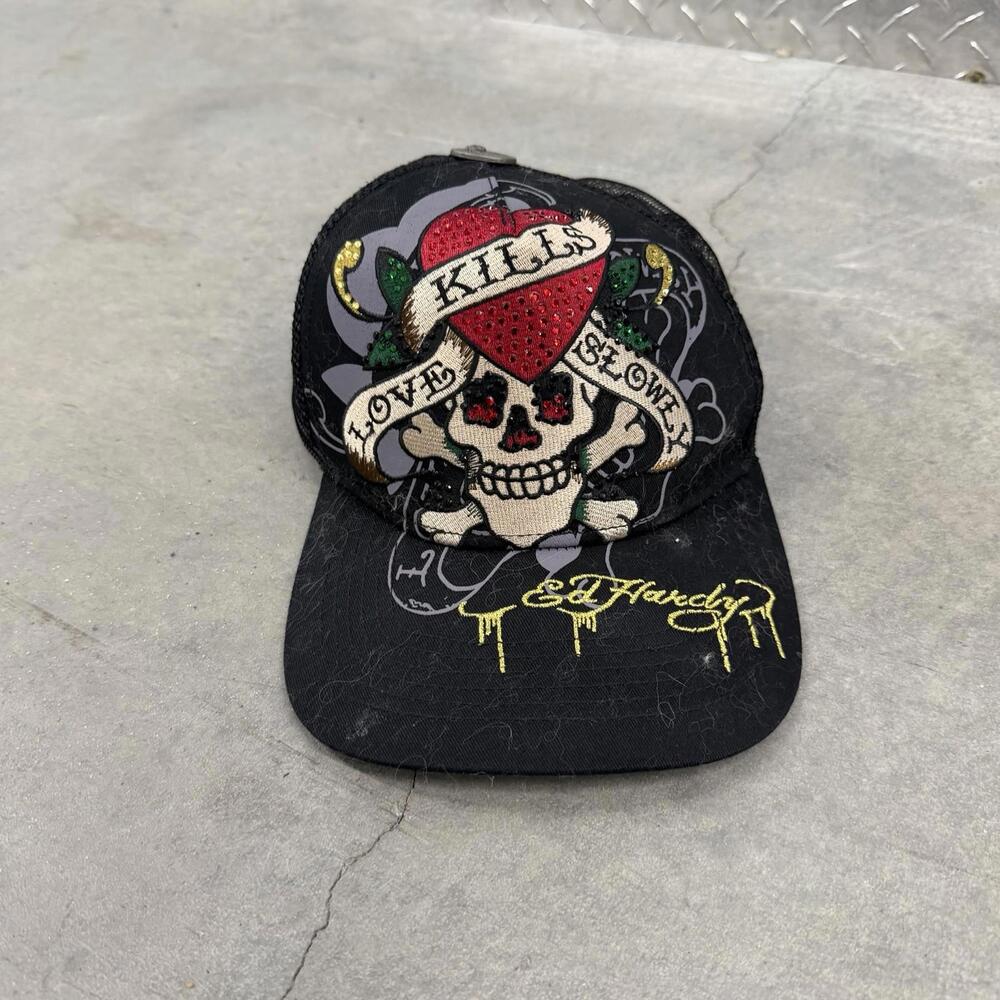 Ed Hardy Rhinestone Trucker Hat, Mesh Snap Back, OS, Tattoo Skull And Heart